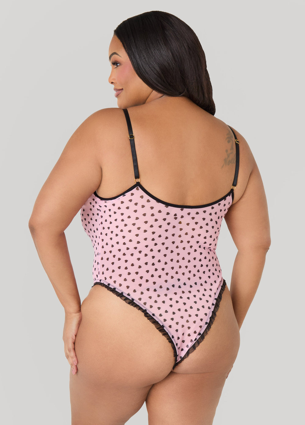 Heart Print Crotchless Bodysuit Pink | Ashley Stewart