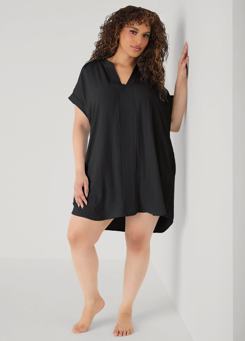 V Neck Textured Sleepshirt Black | Ashley Stewart