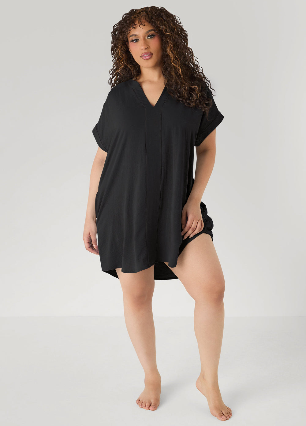 V Neck Textured Sleepshirt Black | Ashley Stewart