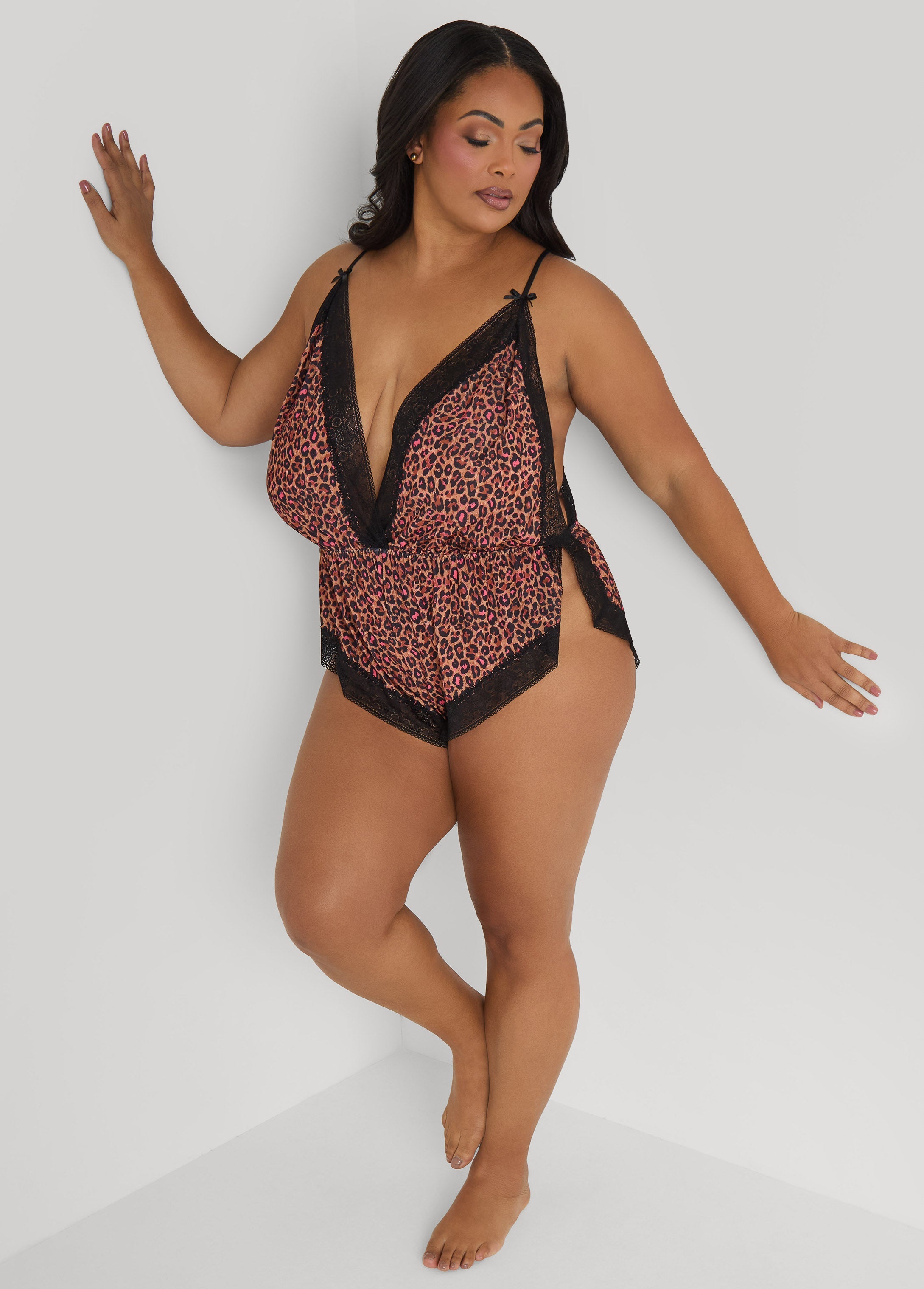 Leopard Print Lingerie Romper Brown Animal | Ashley Stewart