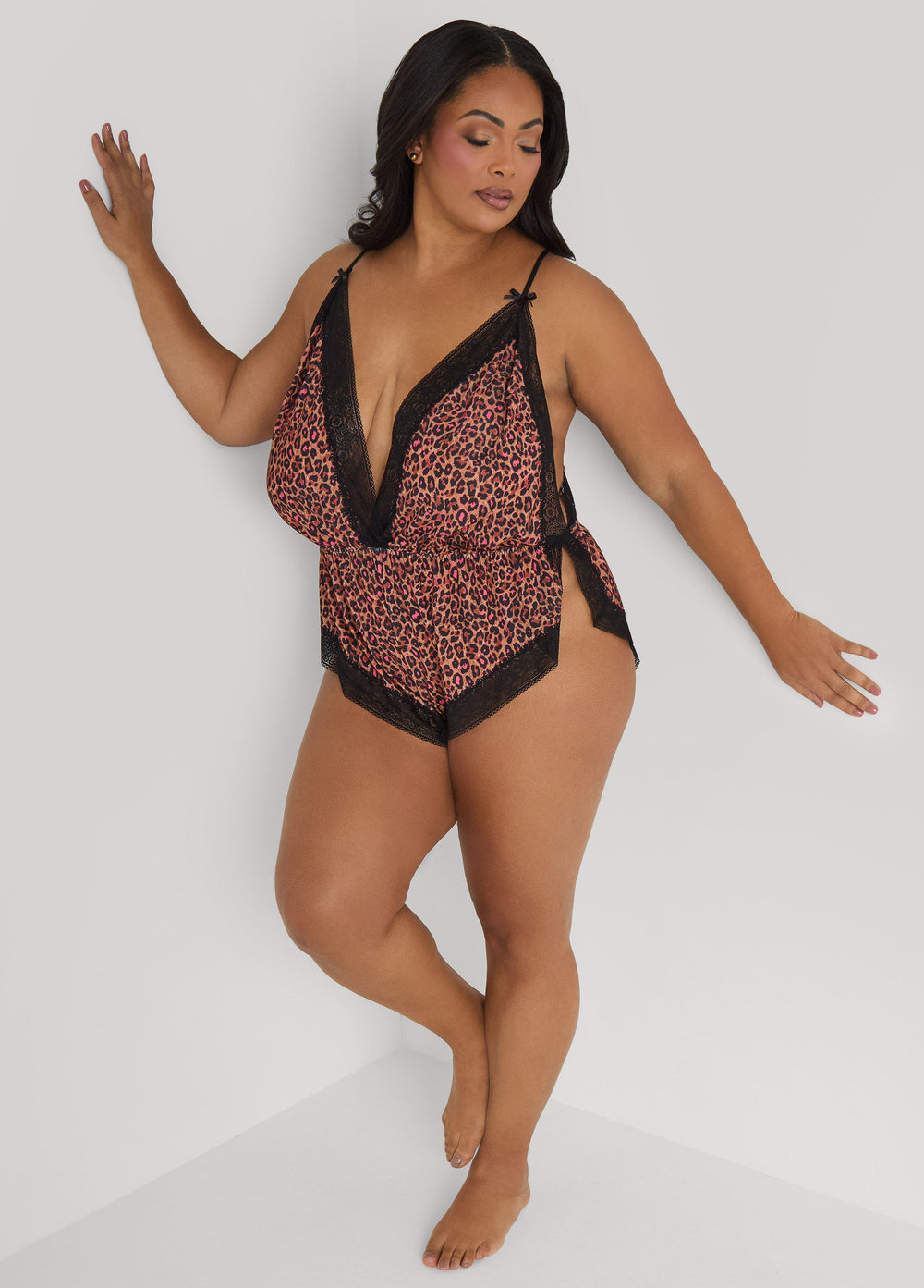 Leopard Print Lingerie Romper Brown Animal | Ashley Stewart