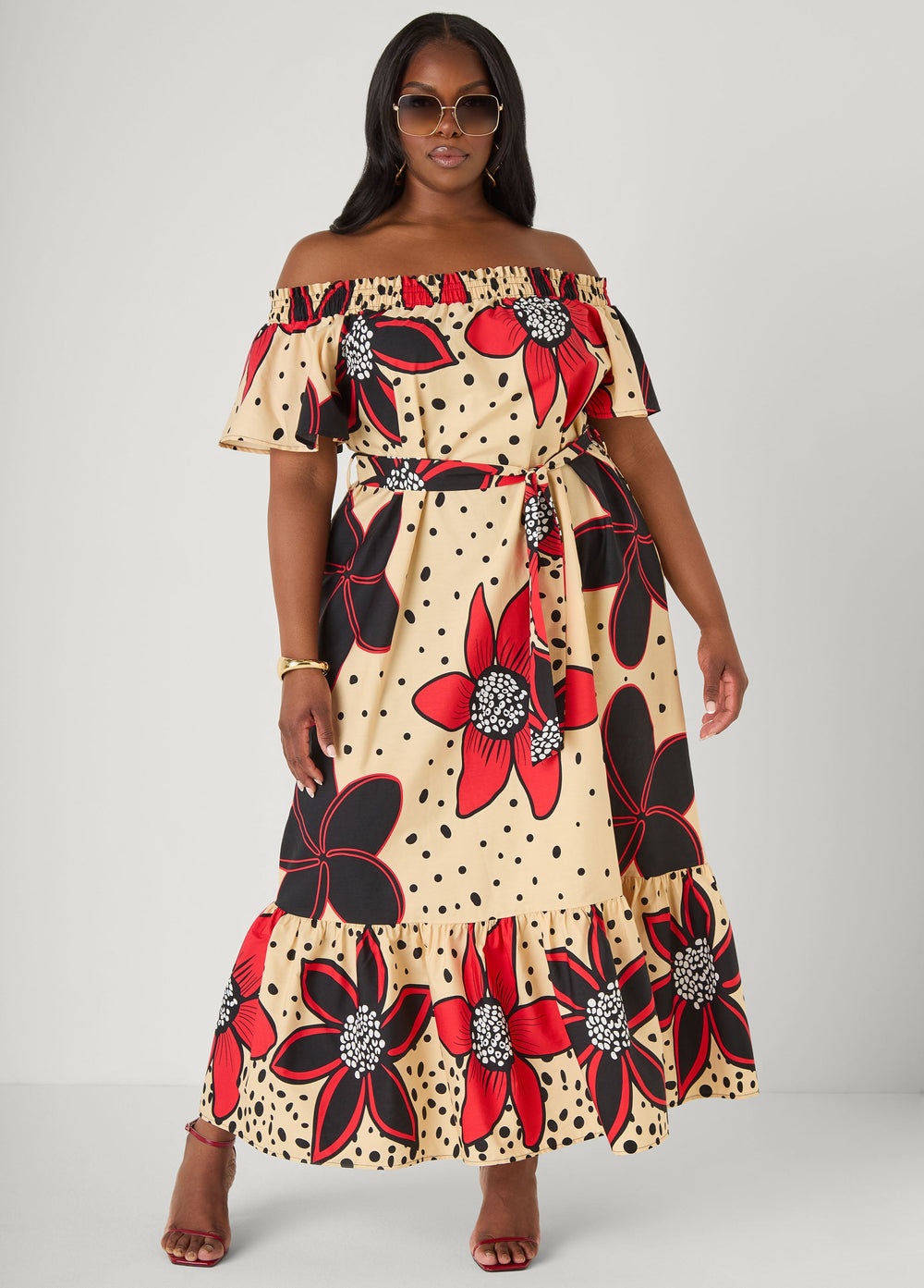 Off The Shoulder Floral Maxi Dress Black Combo | Ashley Stewart