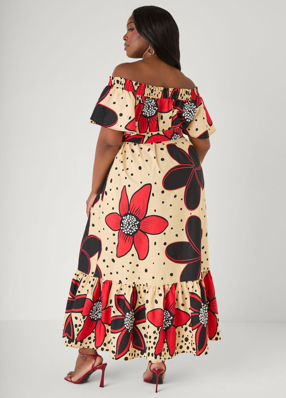 Off The Shoulder Floral Maxi Dress Black Combo | Ashley Stewart