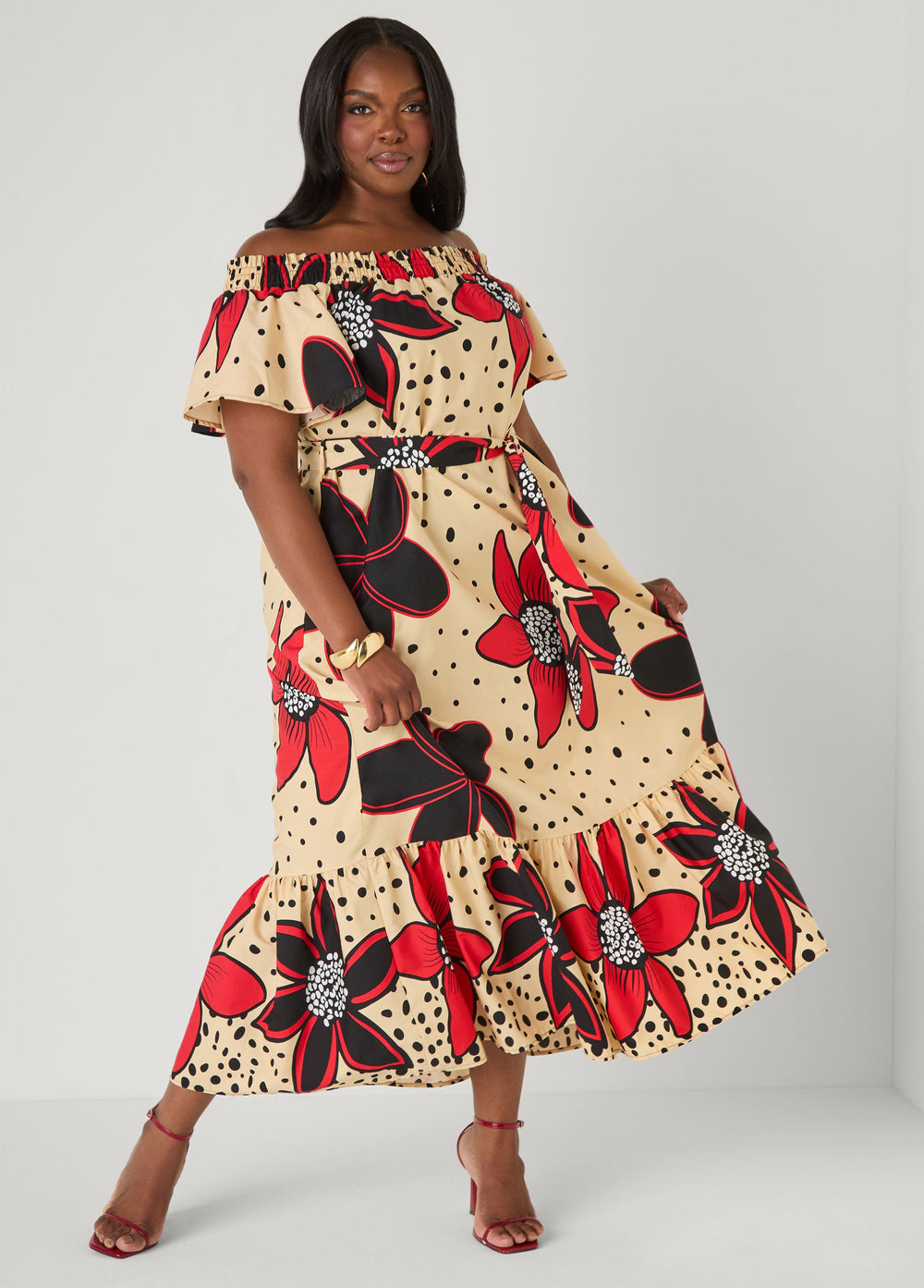 Off The Shoulder Floral Maxi Dress Black Combo | Ashley Stewart