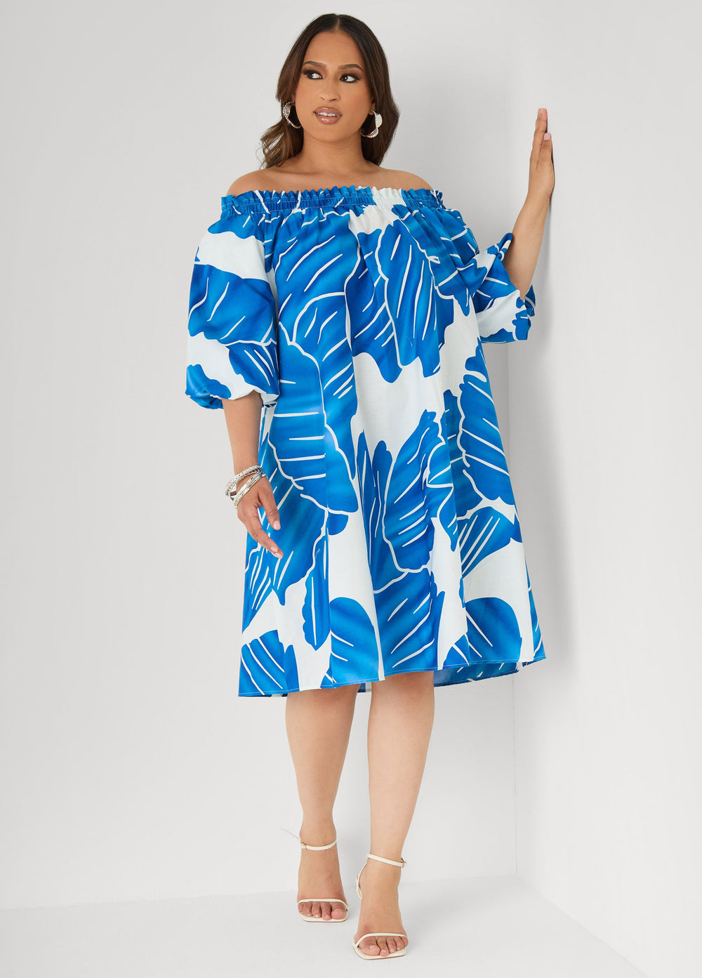Off The Shoulder Leaf Print Dress Victoria Blue | Ashley Stewart