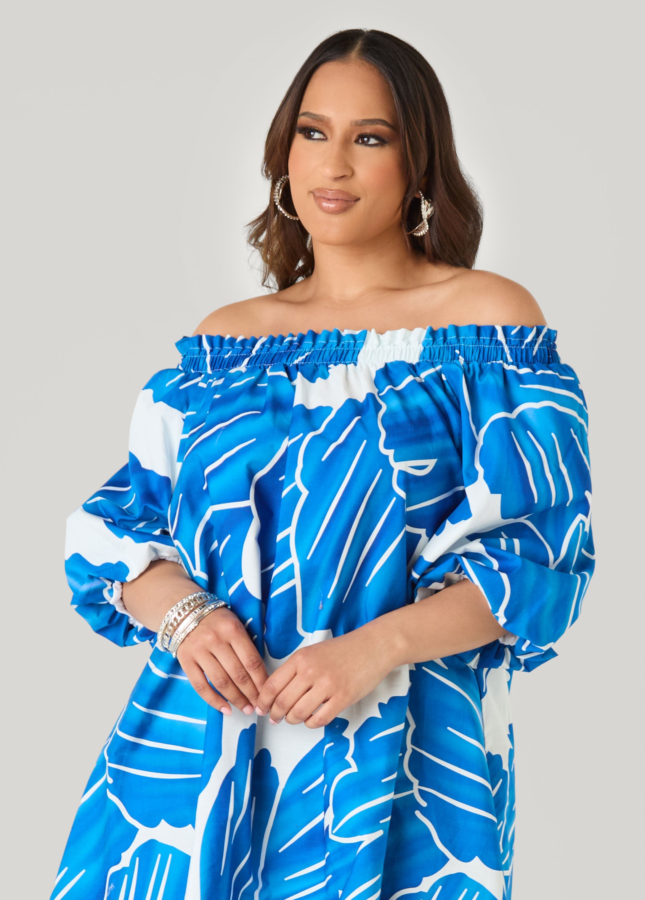 Off The Shoulder Leaf Print Dress Victoria Blue | Ashley Stewart