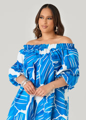 Off The Shoulder Leaf Print Dress Victoria Blue | Ashley Stewart