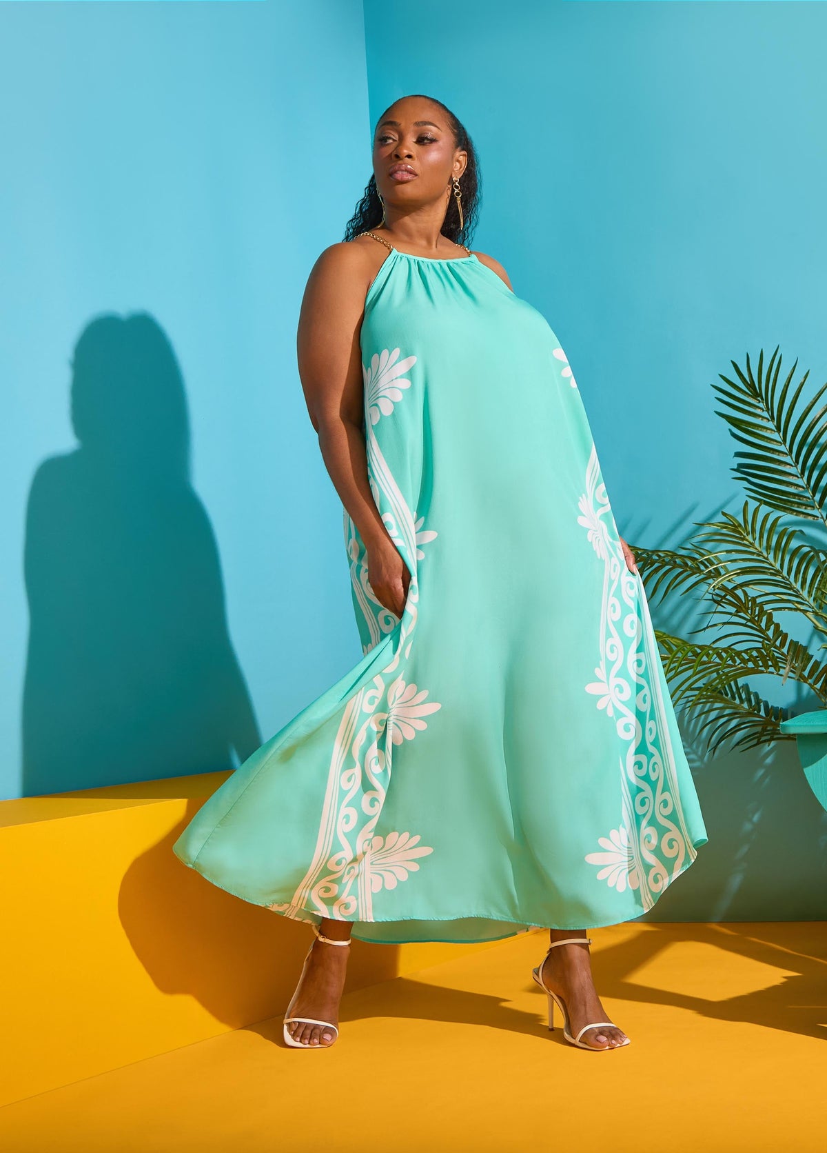 Chain Trimmed Scroll Print Dress LT DENIM | Ashley Stewart