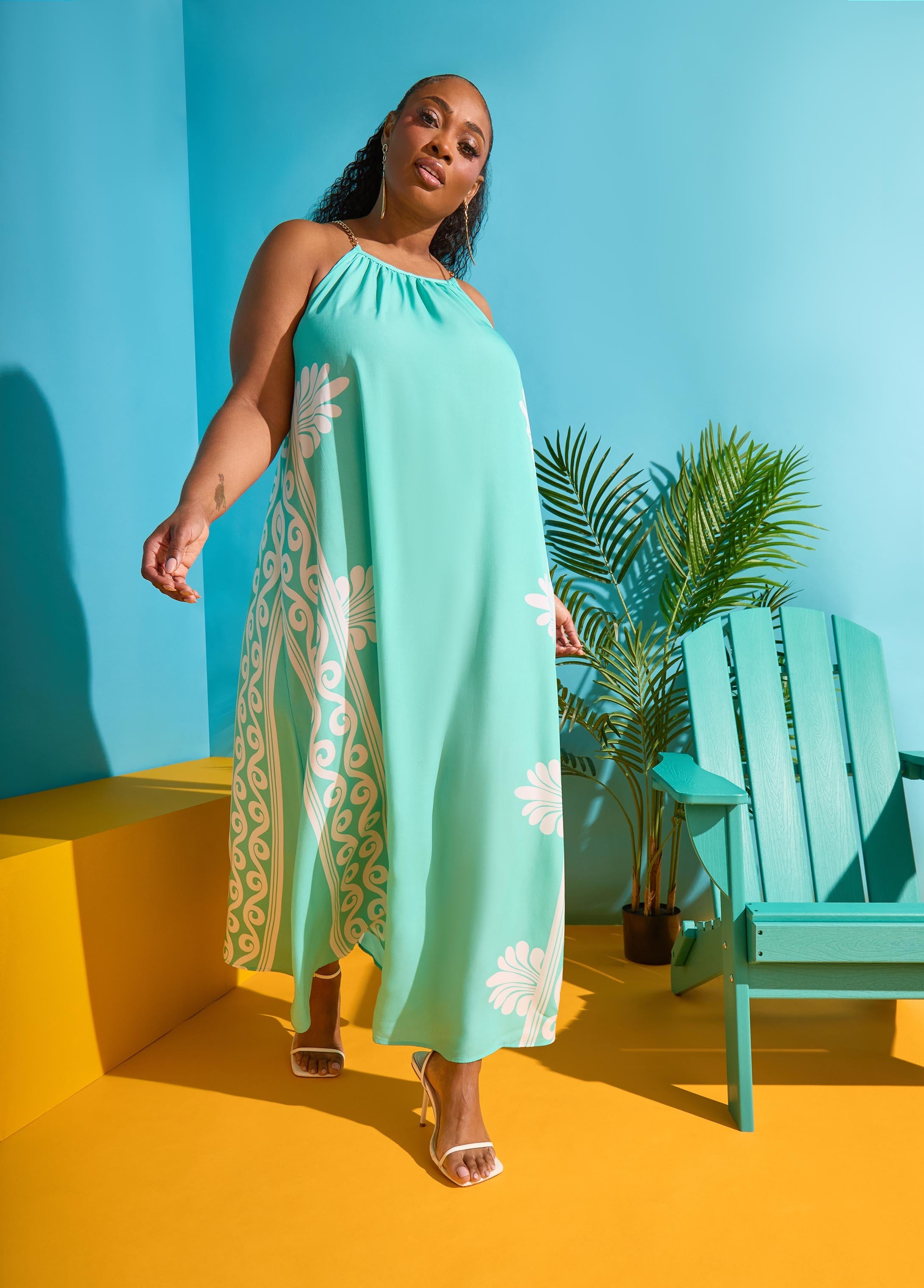 Chain Trimmed Scroll Print Dress LT DENIM | Ashley Stewart