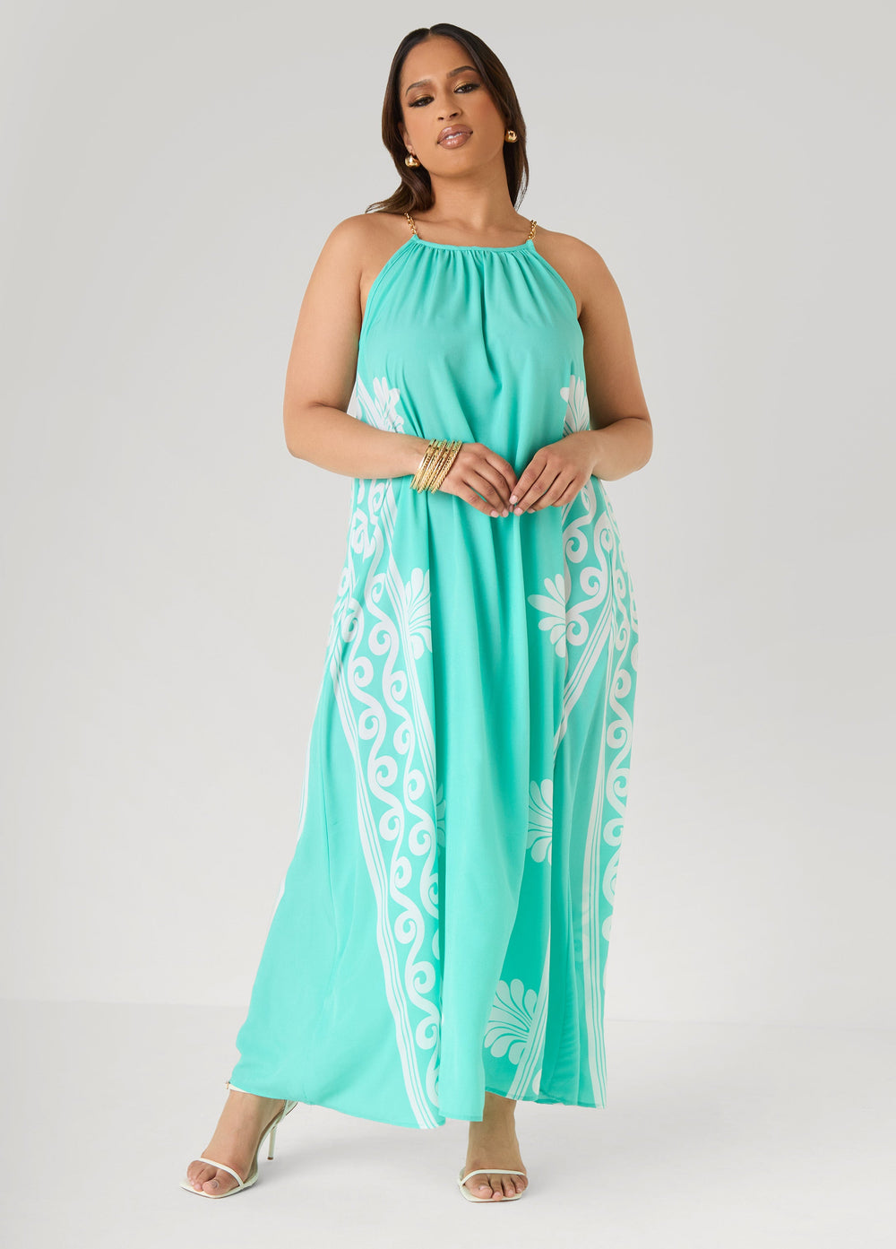 Chain Trimmed Scroll Print Dress LT DENIM | Ashley Stewart