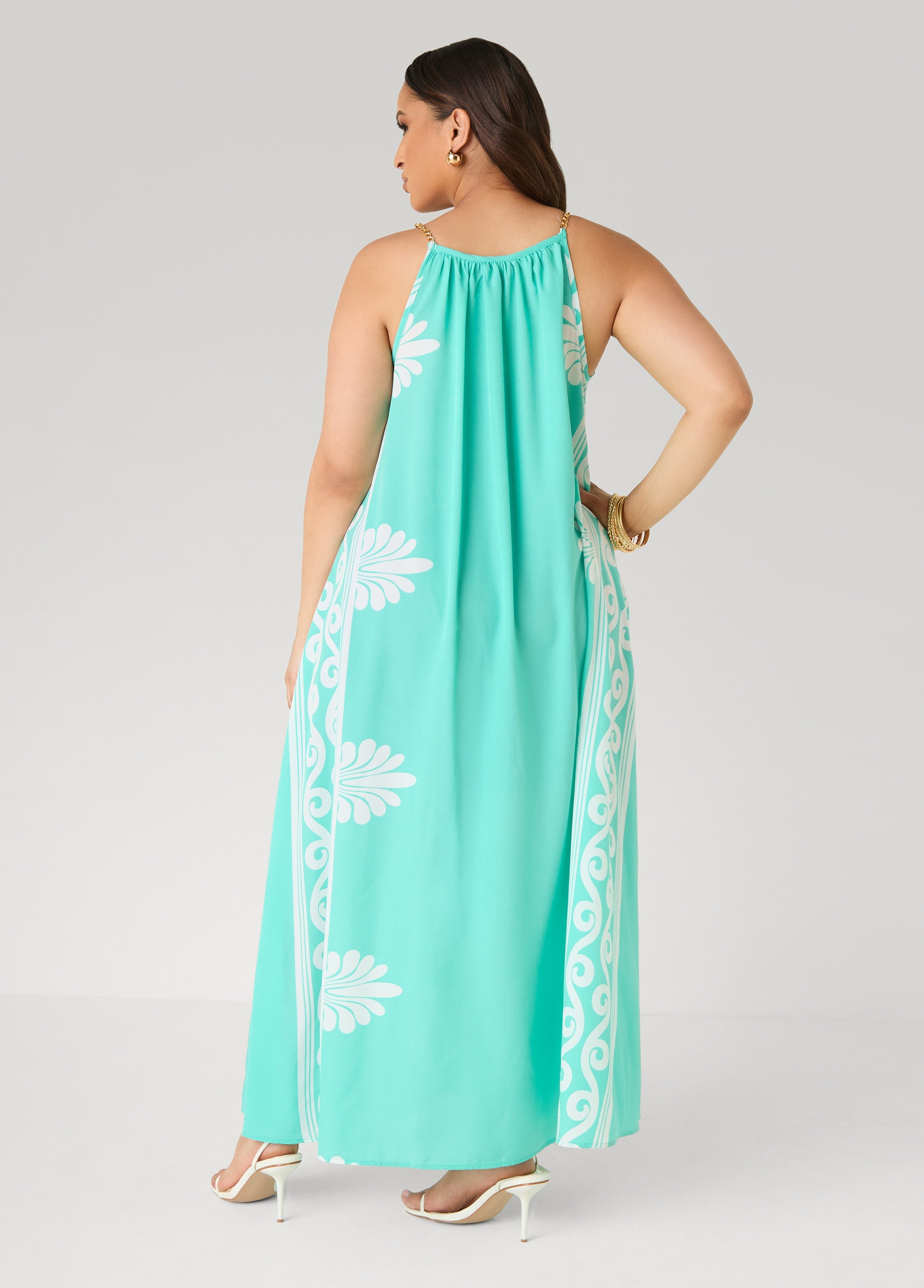Chain Trimmed Scroll Print Dress LT DENIM | Ashley Stewart