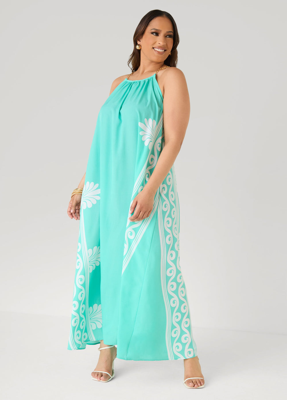 Chain Trimmed Scroll Print Dress LT DENIM | Ashley Stewart