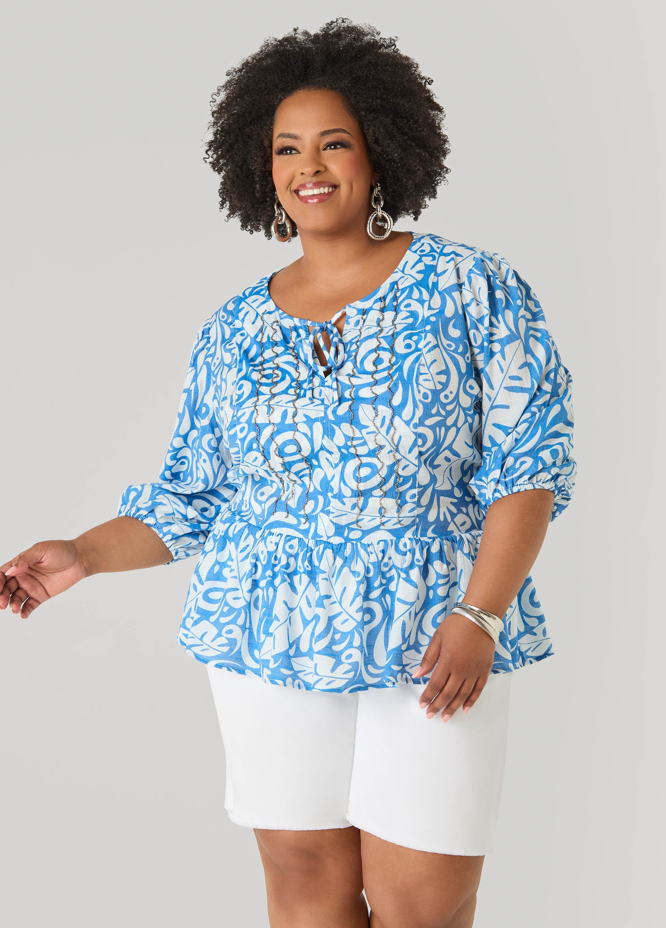 Beaded Leaf Print Peplum Blouse Victoria Blue | Ashley Stewart