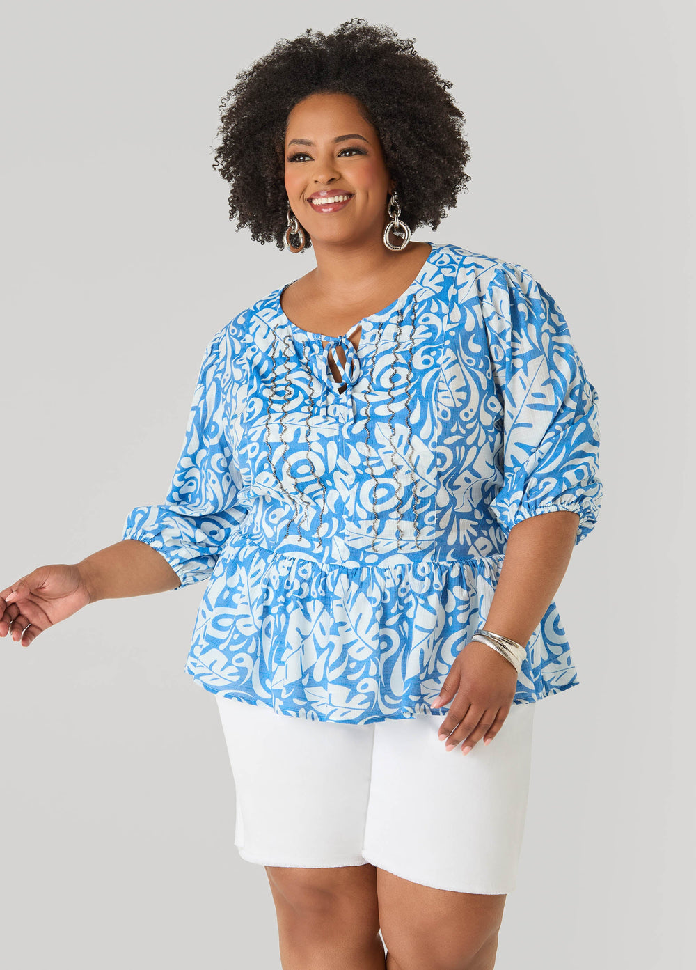 Beaded Leaf Print Peplum Blouse Victoria Blue | Ashley Stewart