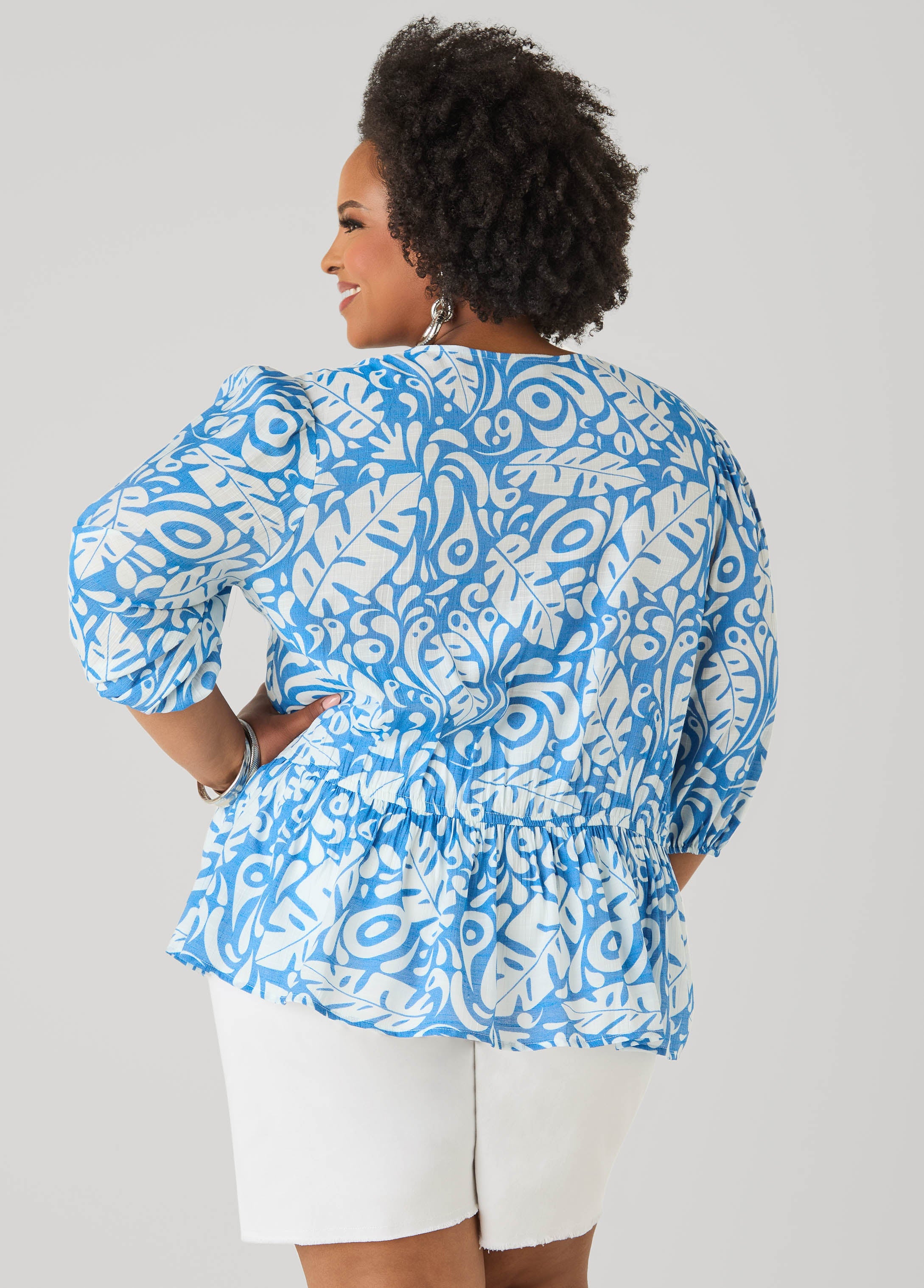 Beaded Leaf Print Peplum Blouse Victoria Blue | Ashley Stewart