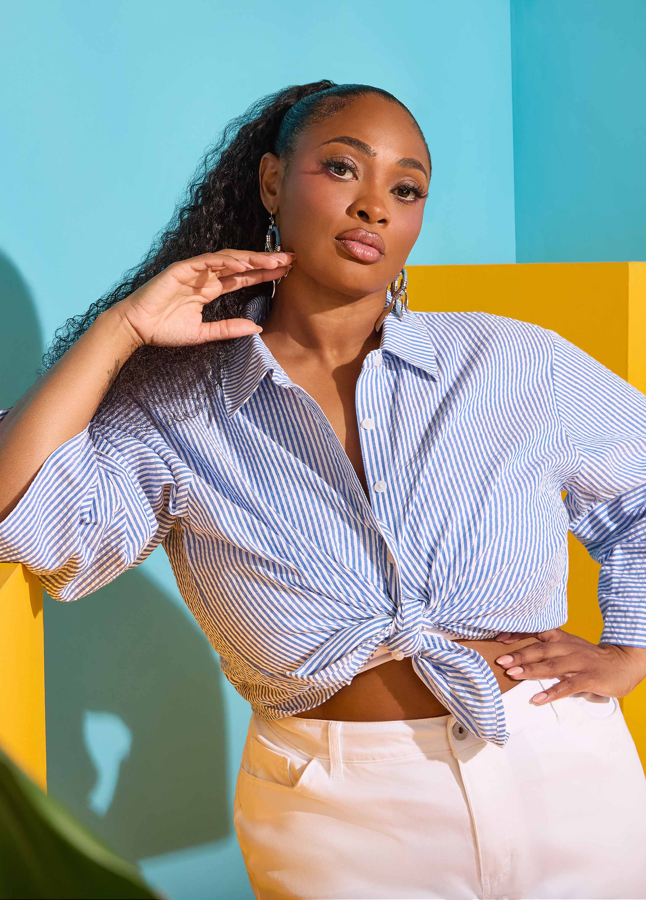 Seersucker Cotton Shirt Blue | Ashley Stewart