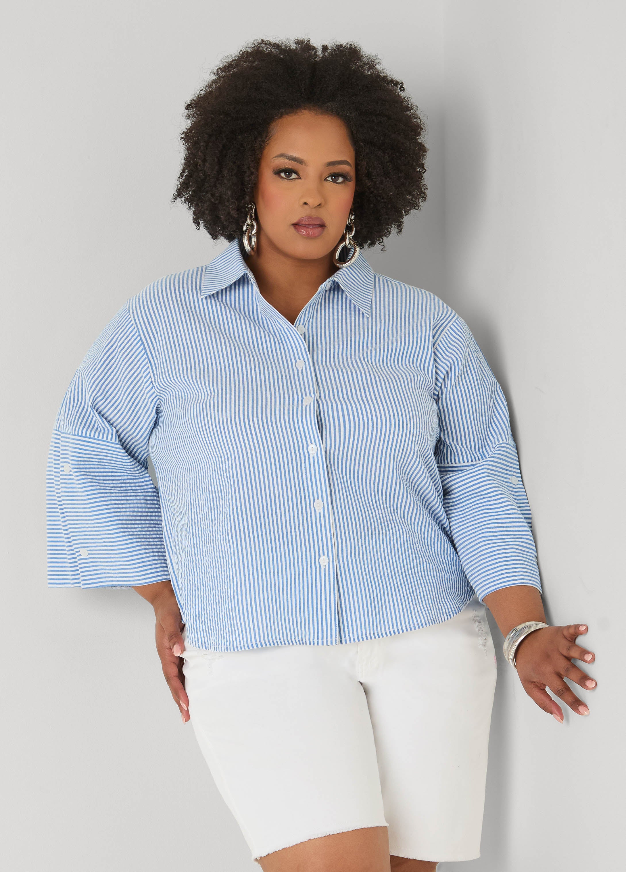 Seersucker Cotton Shirt Blue | Ashley Stewart