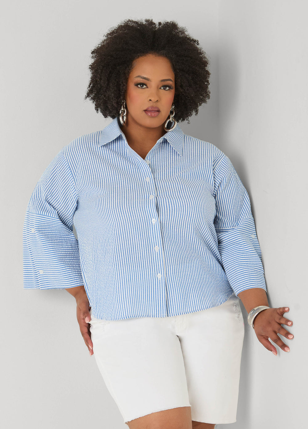 Seersucker Cotton Shirt Blue | Ashley Stewart