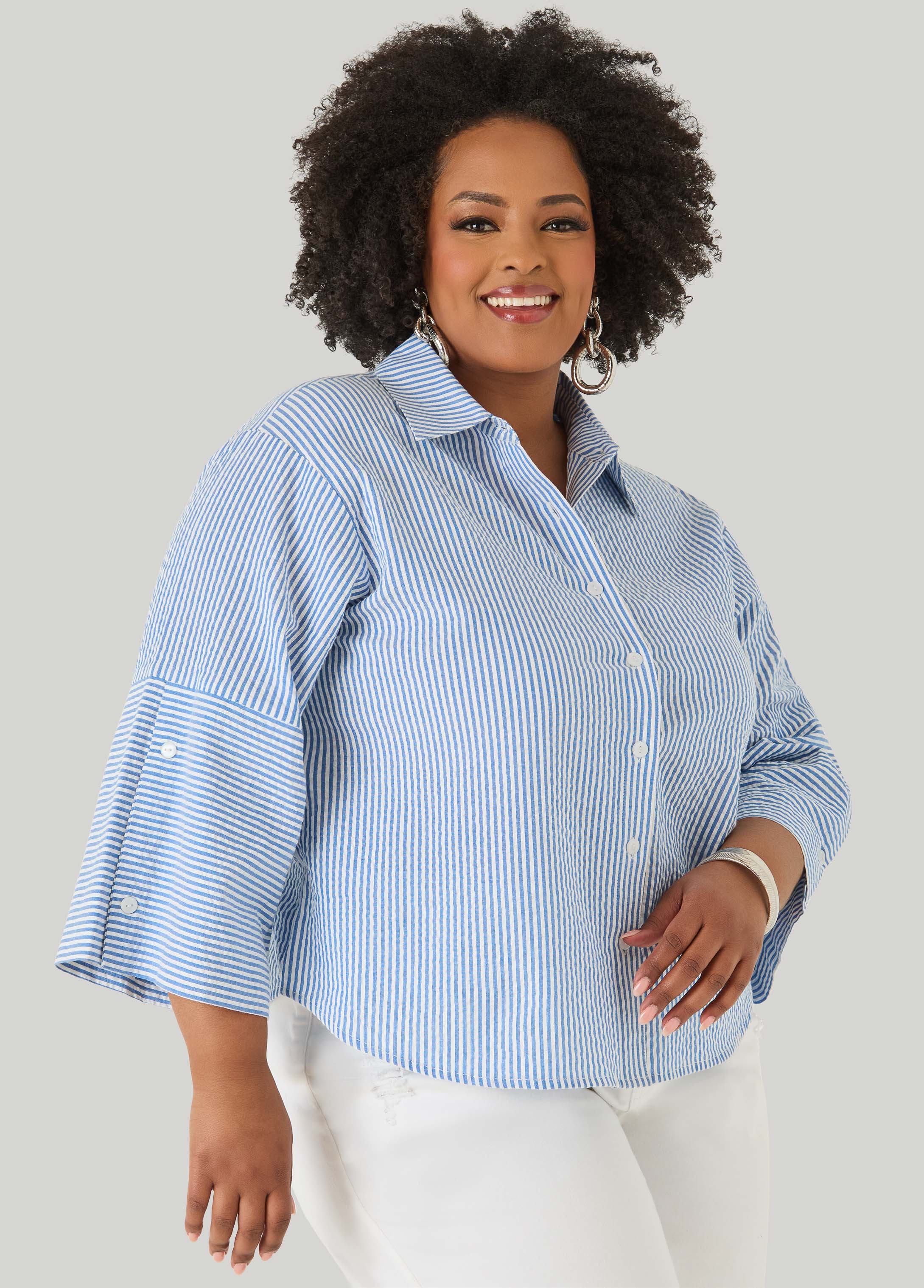 Seersucker Cotton Shirt Blue | Ashley Stewart