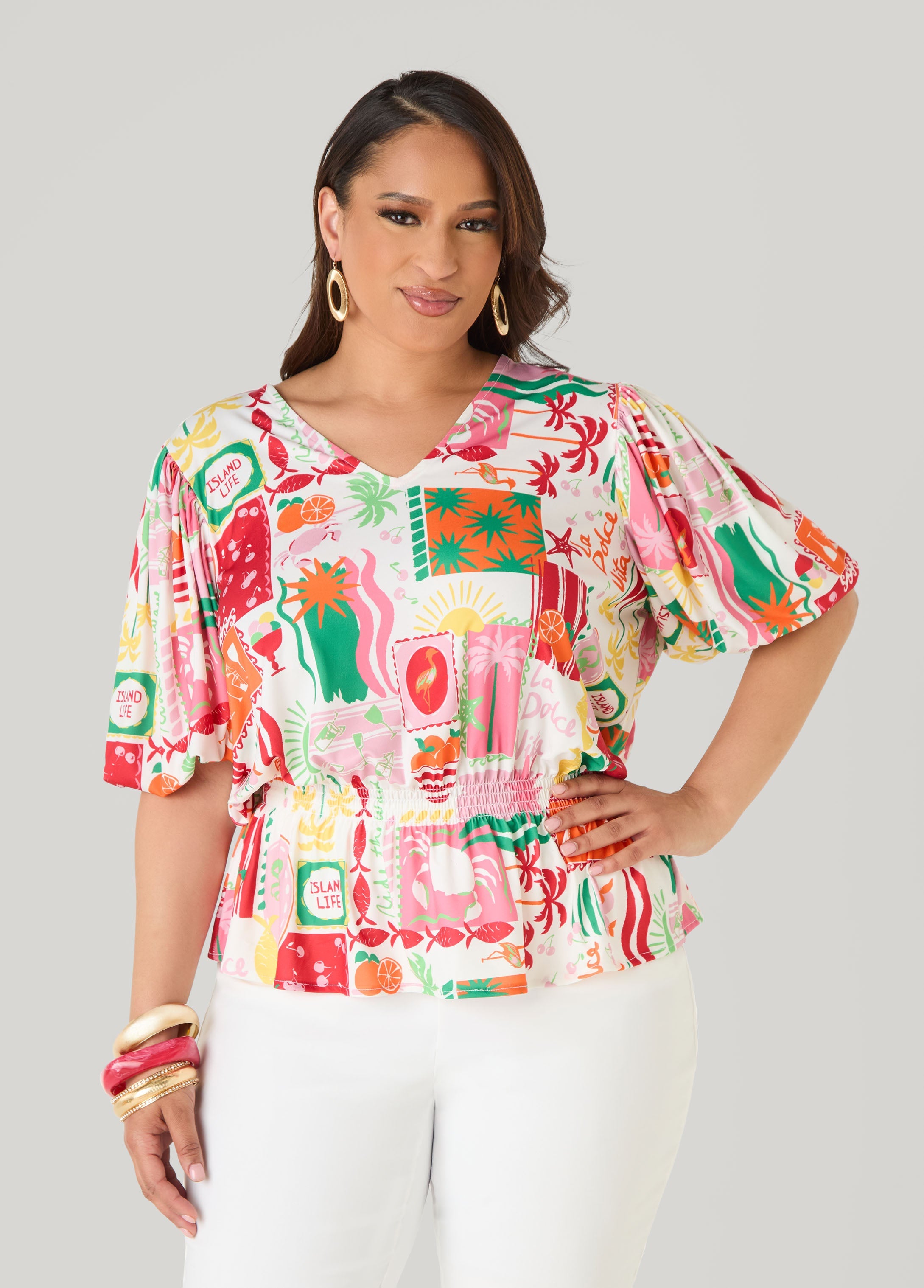 Island Print Bubble Sleeve Top Multi | Ashley Stewart