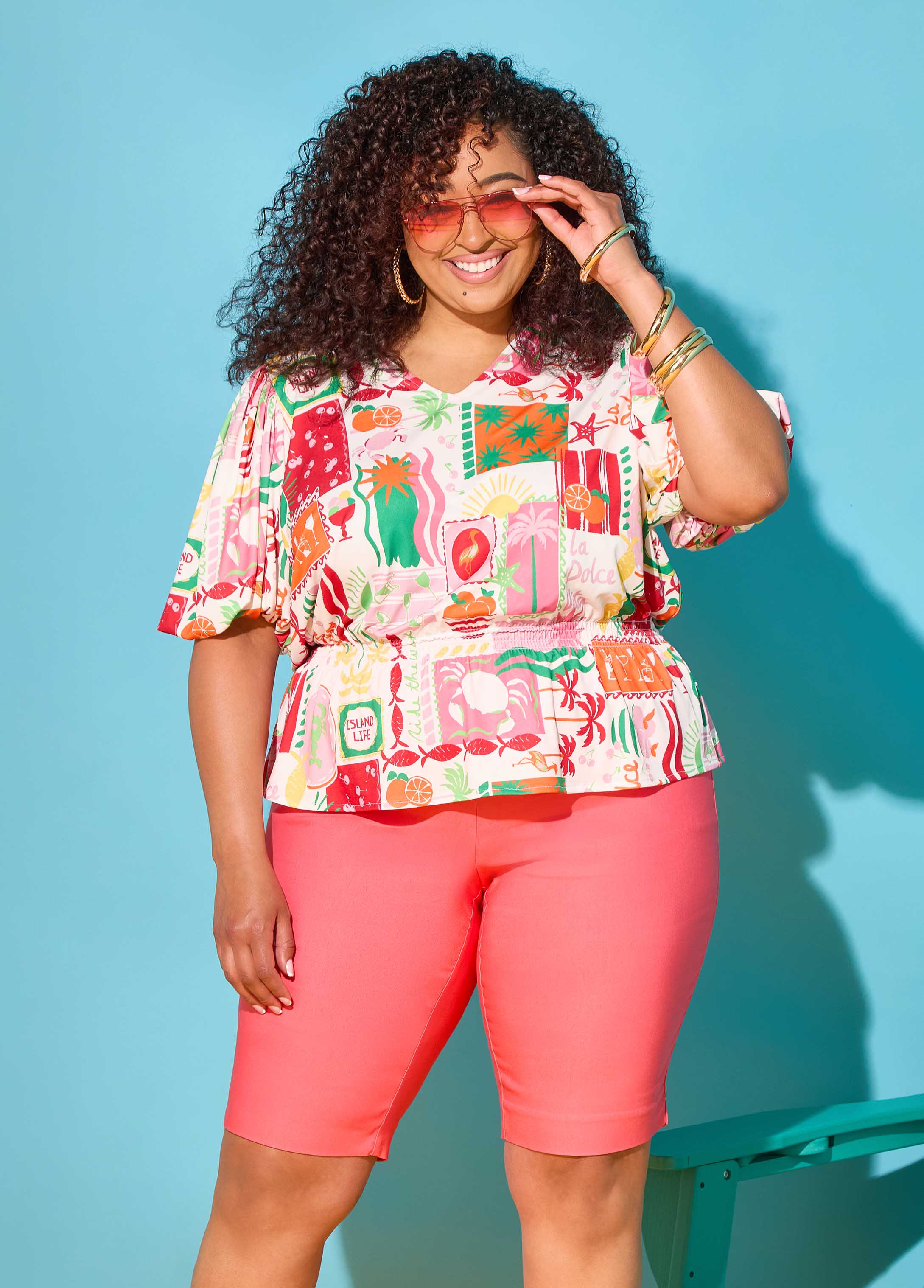 Island Print Bubble Sleeve Top Multi | Ashley Stewart