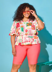 Island Print Bubble Sleeve Top Multi | Ashley Stewart