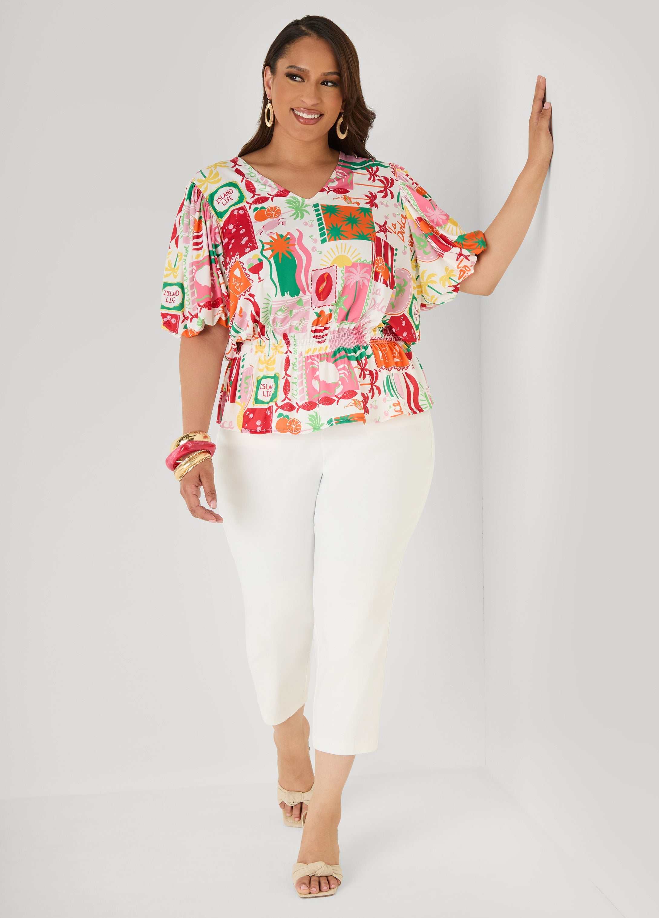 Island Print Bubble Sleeve Top Multi | Ashley Stewart
