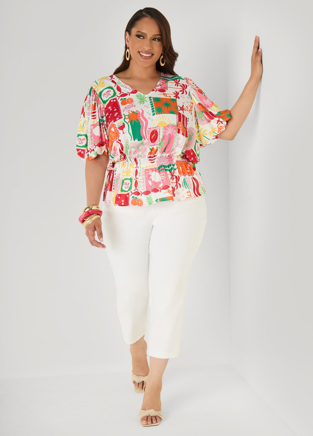 Island Print Bubble Sleeve Top Multi | Ashley Stewart