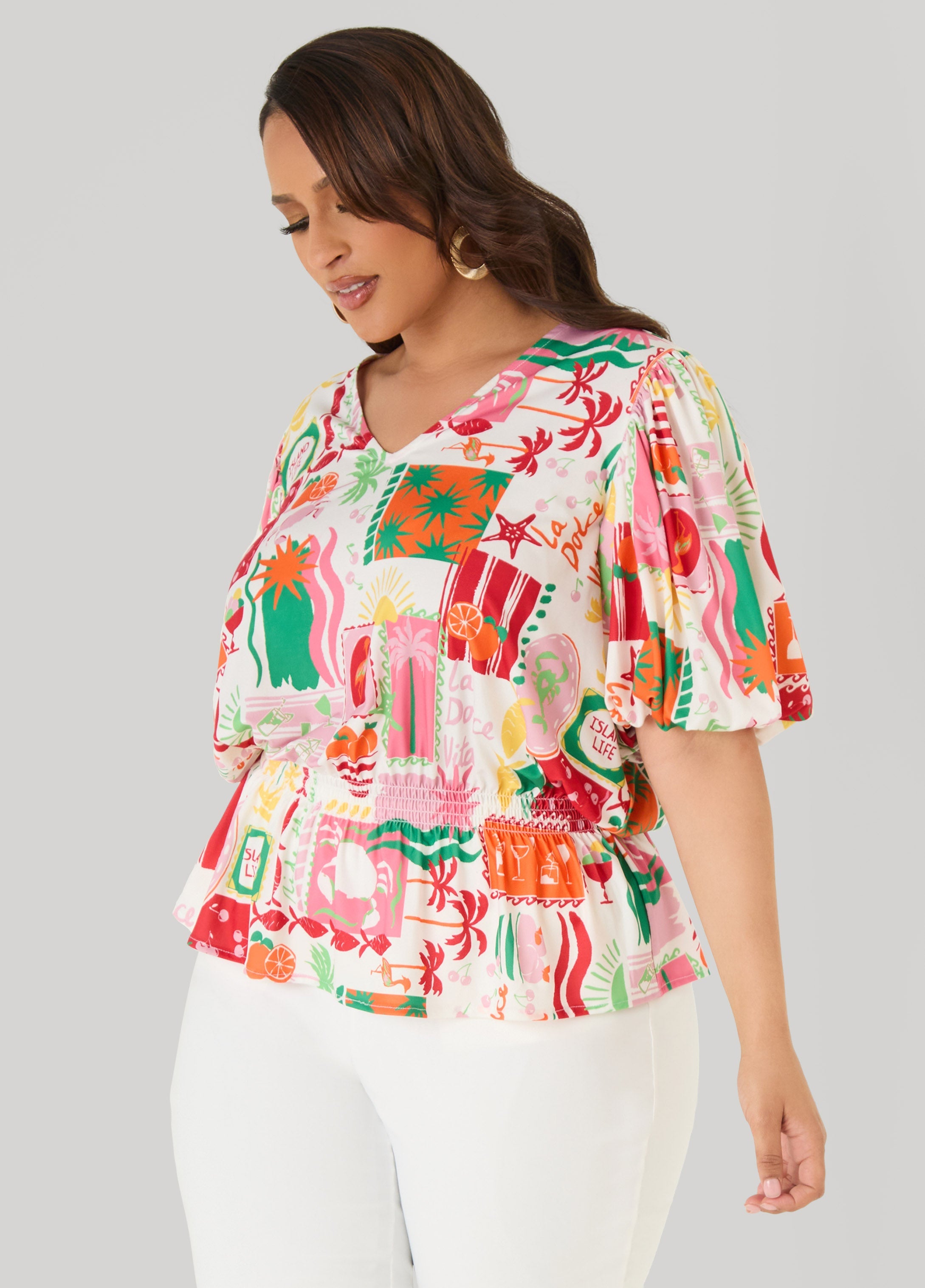 Island Print Bubble Sleeve Top Multi | Ashley Stewart