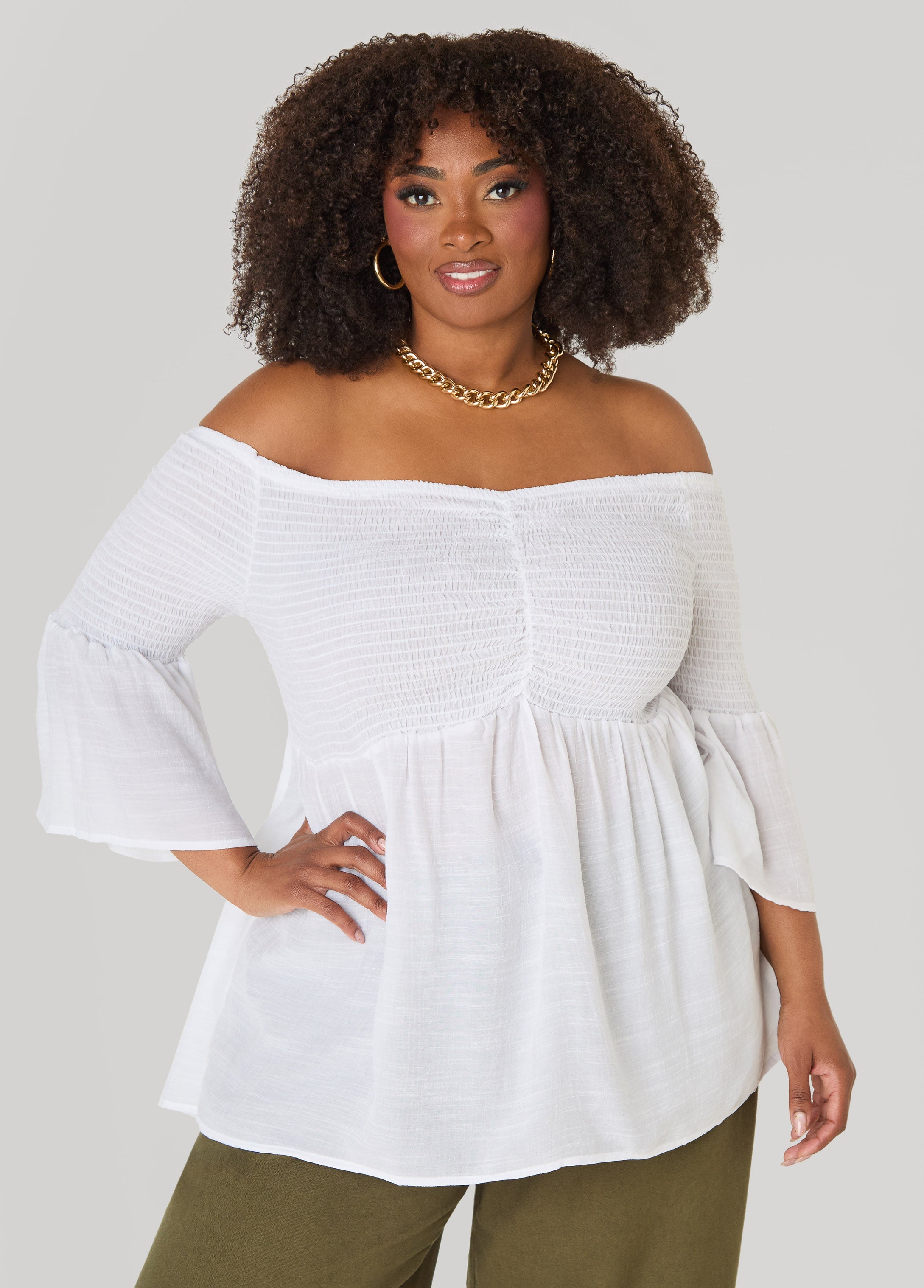 Off The Shoulder Smocked Top White | Ashley Stewart