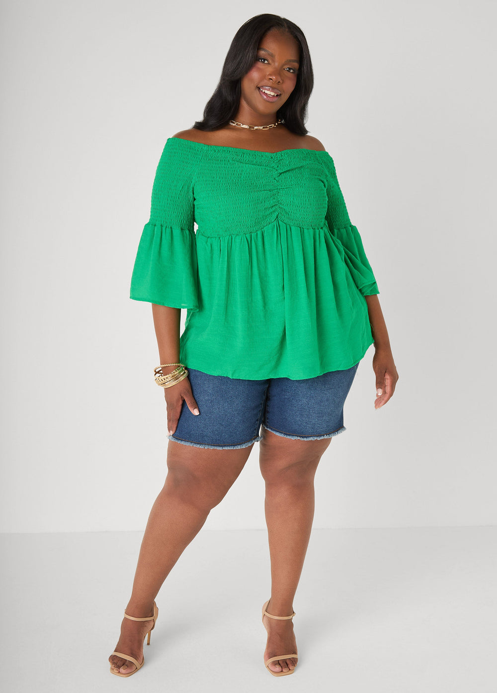 Off The Shoulder Smocked Top White | Ashley Stewart