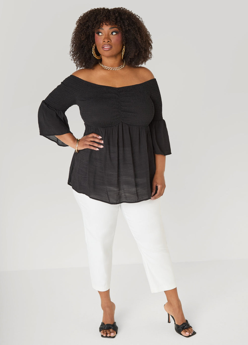Off The Shoulder Smocked Top White | Ashley Stewart