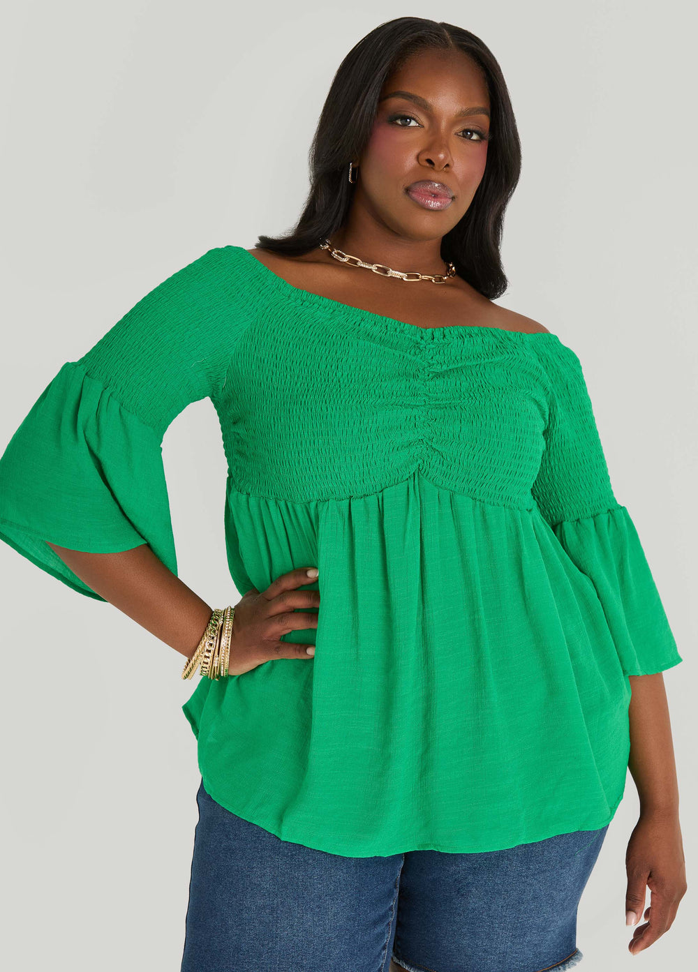 Off The Shoulder Smocked Top White | Ashley Stewart