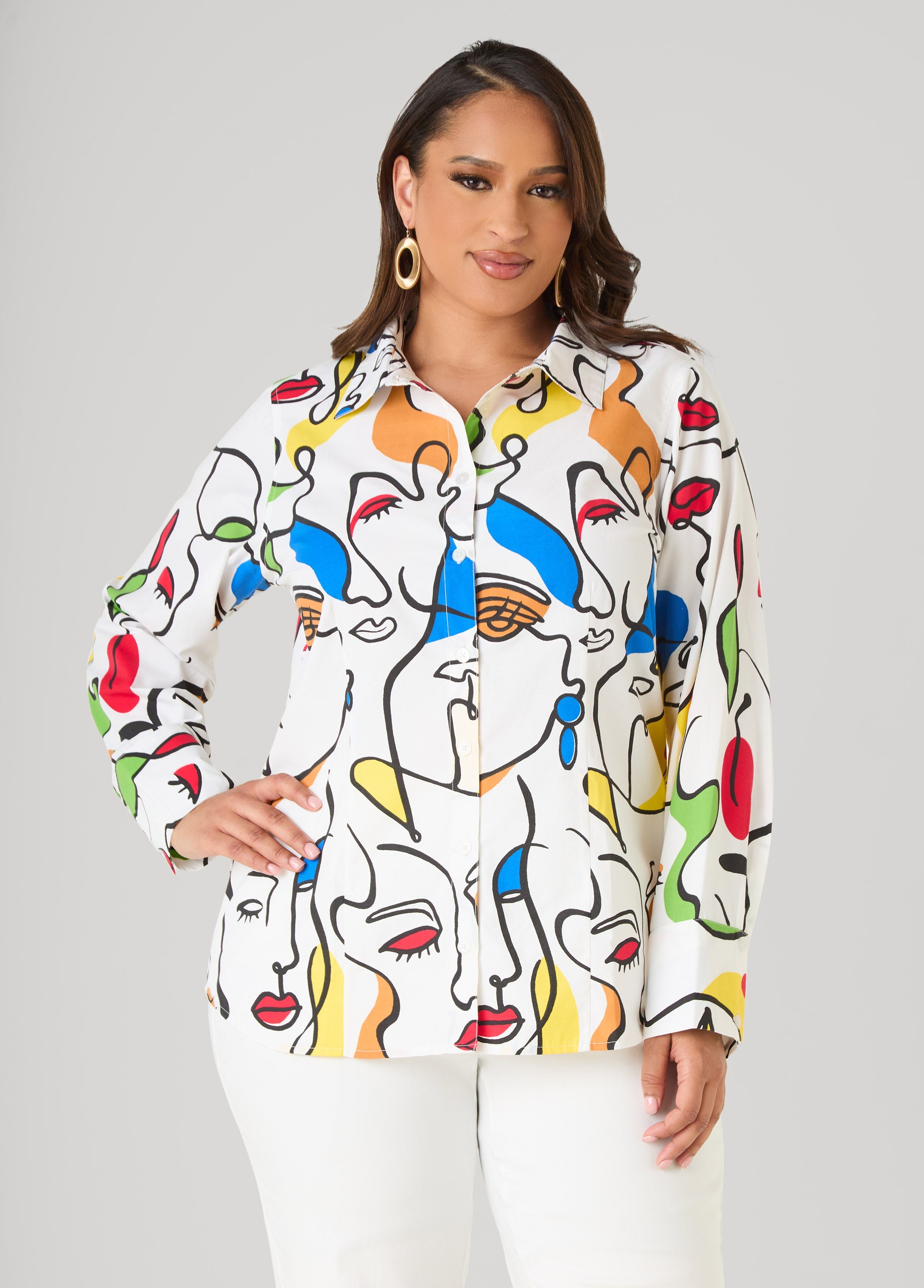 Face Print Collared Shirt White | Ashley Stewart