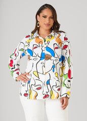 Face Print Collared Shirt White | Ashley Stewart