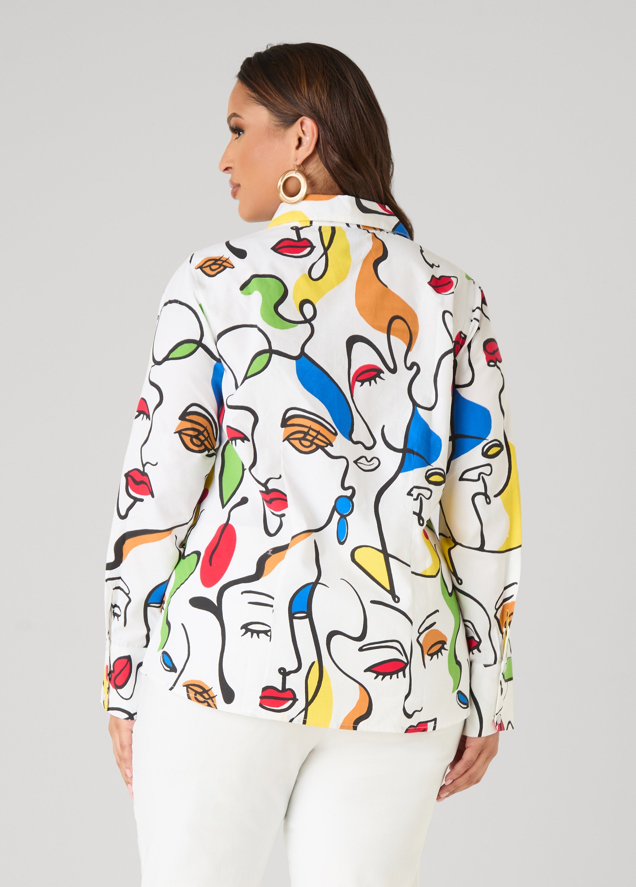 Face Print Collared Shirt White | Ashley Stewart
