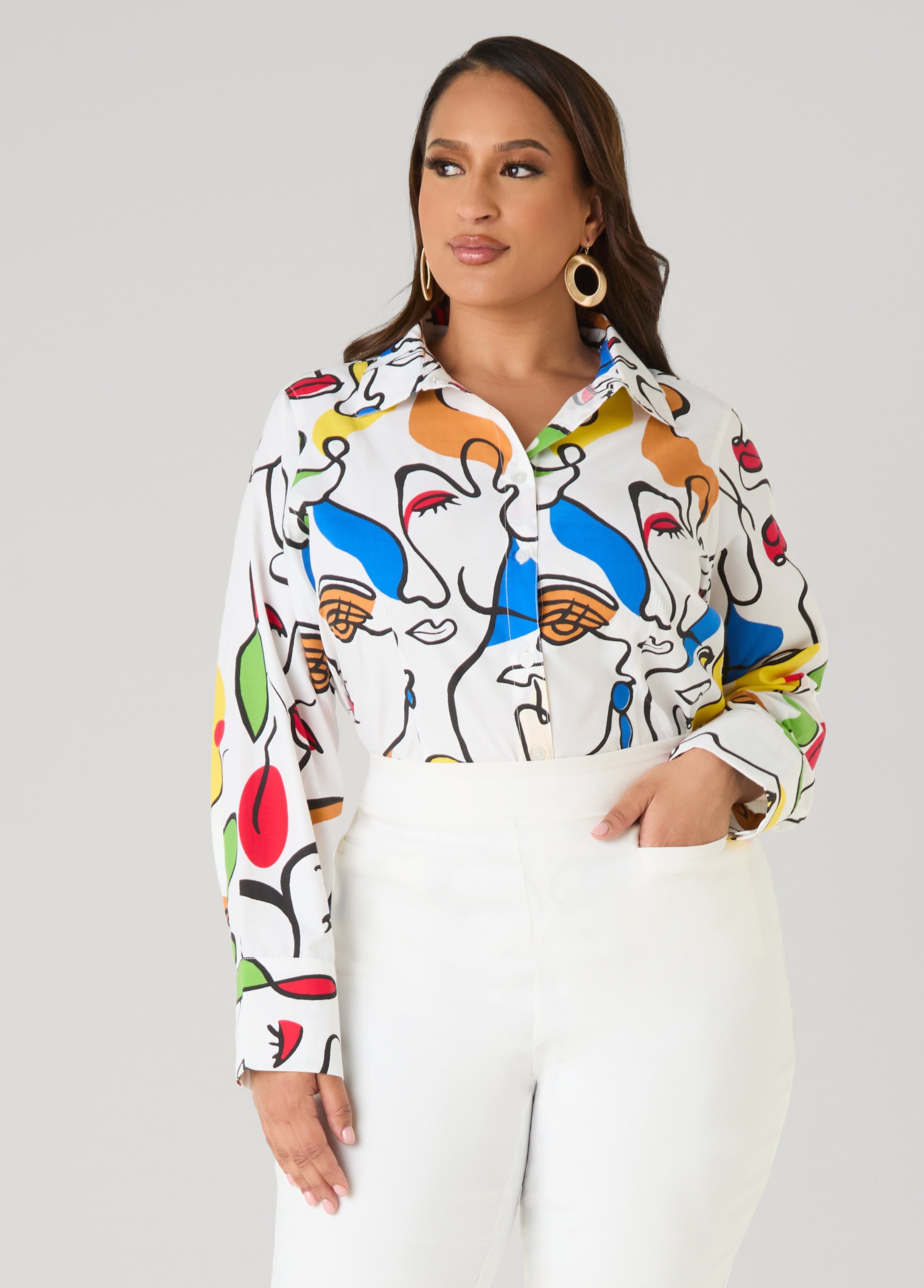 Face Print Collared Shirt White | Ashley Stewart