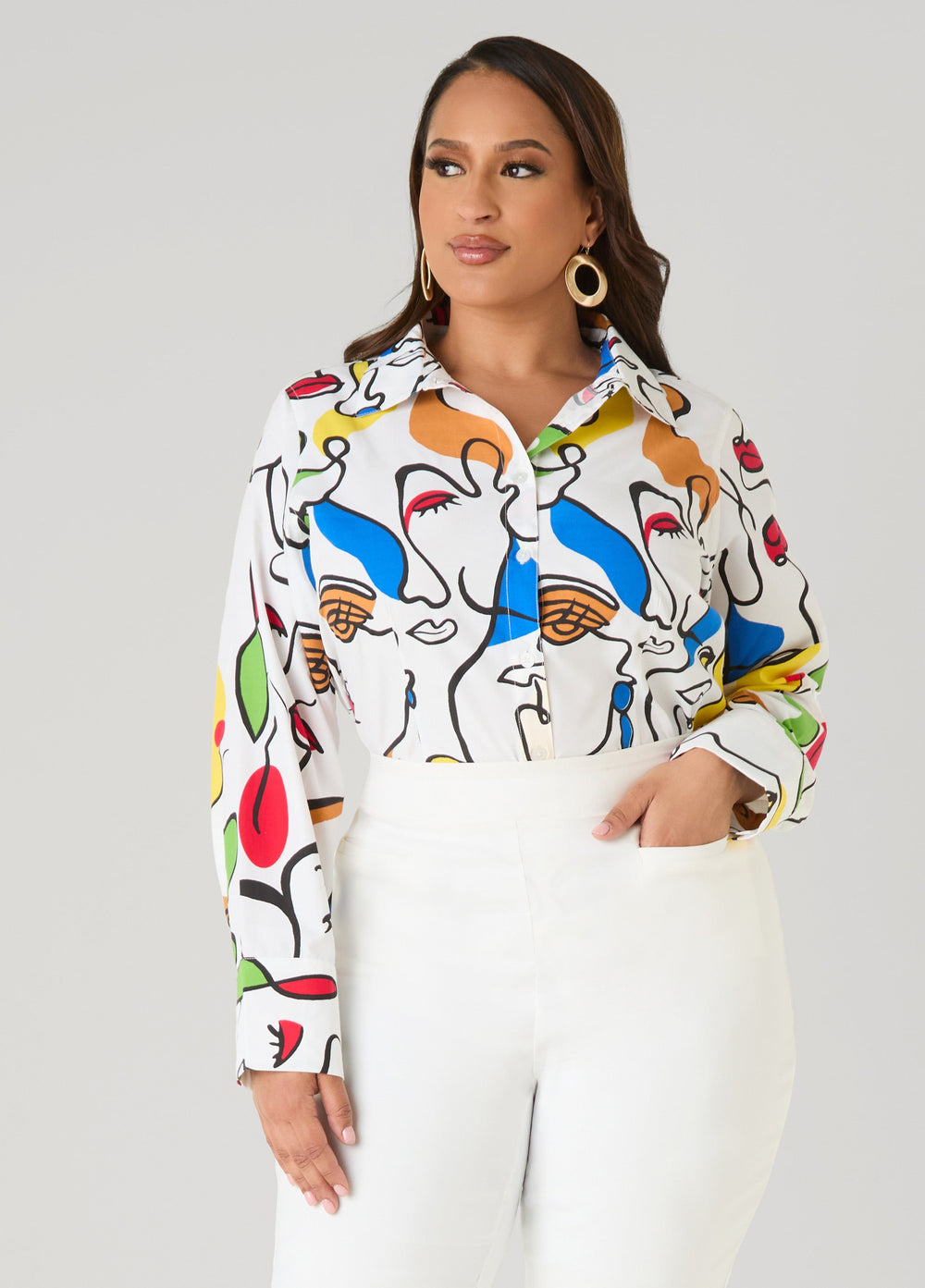 Face Print Collared Shirt White | Ashley Stewart