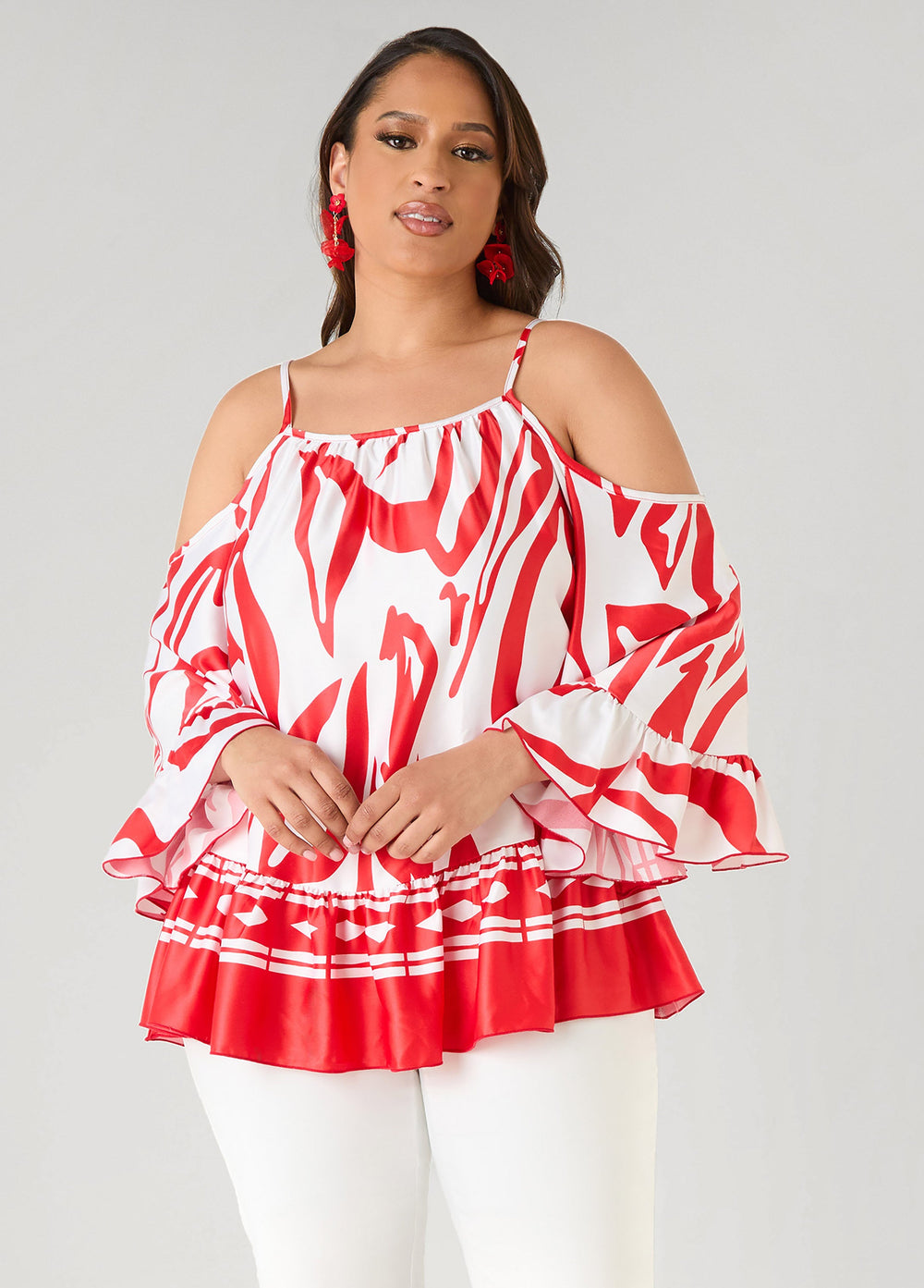 Cold Shoulder Printed Satin Blouse Poinsettia | Ashley Stewart