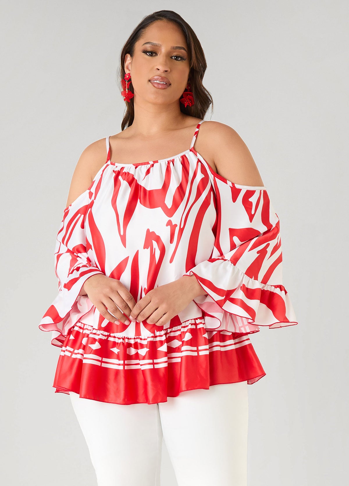 Cold Shoulder Printed Satin Blouse Poinsettia | Ashley Stewart