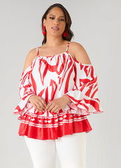 Cold Shoulder Printed Satin Blouse Poinsettia | Ashley Stewart