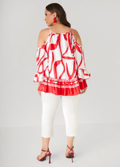 Cold Shoulder Printed Satin Blouse Poinsettia | Ashley Stewart