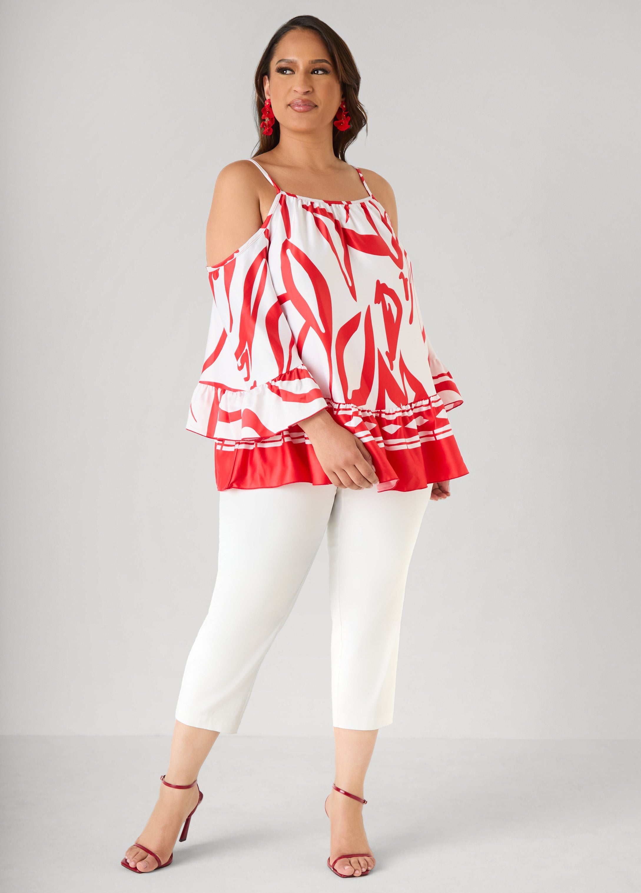 Cold Shoulder Printed Satin Blouse Poinsettia | Ashley Stewart
