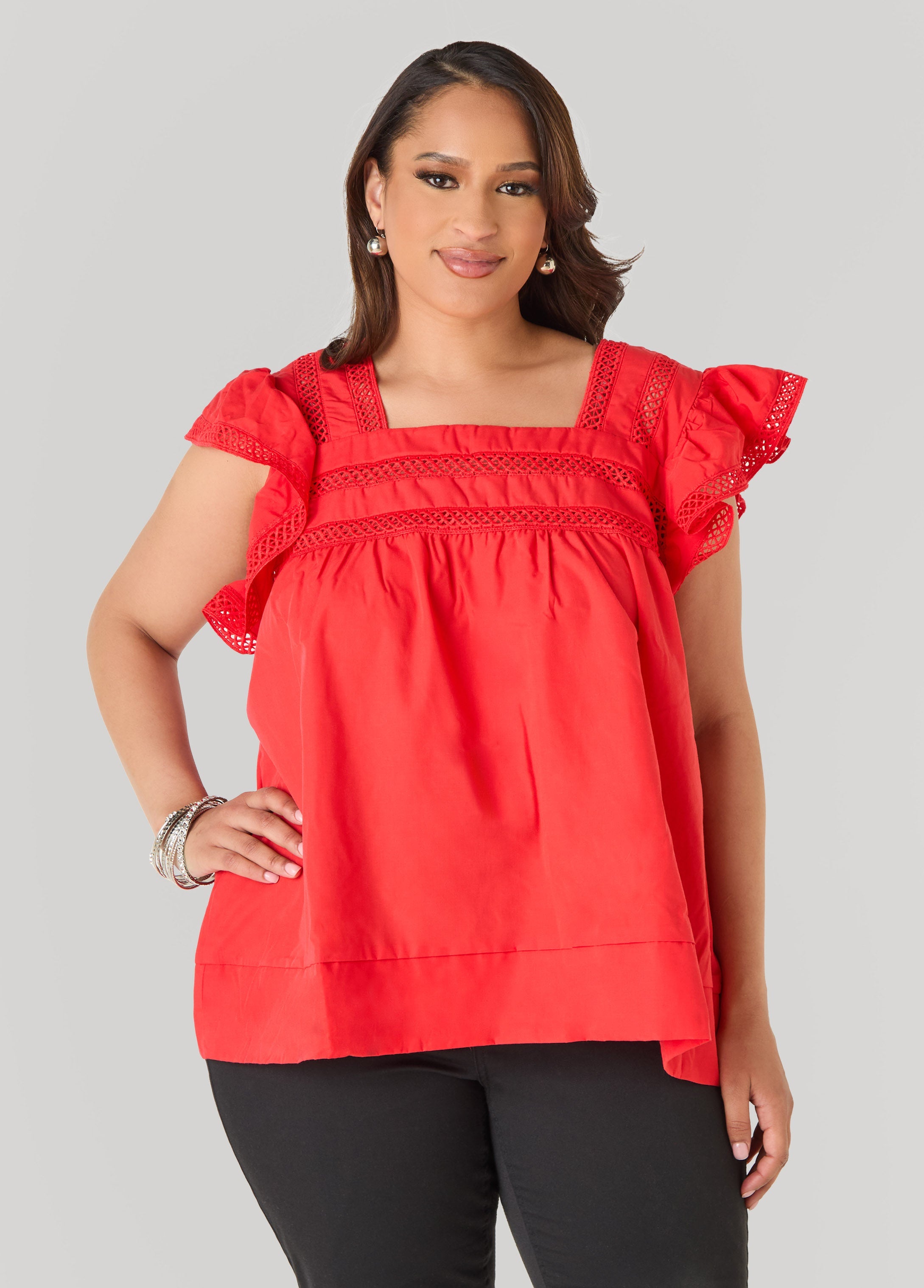 Lattice Trimmed Poplin Shirt Red | Ashley Stewart