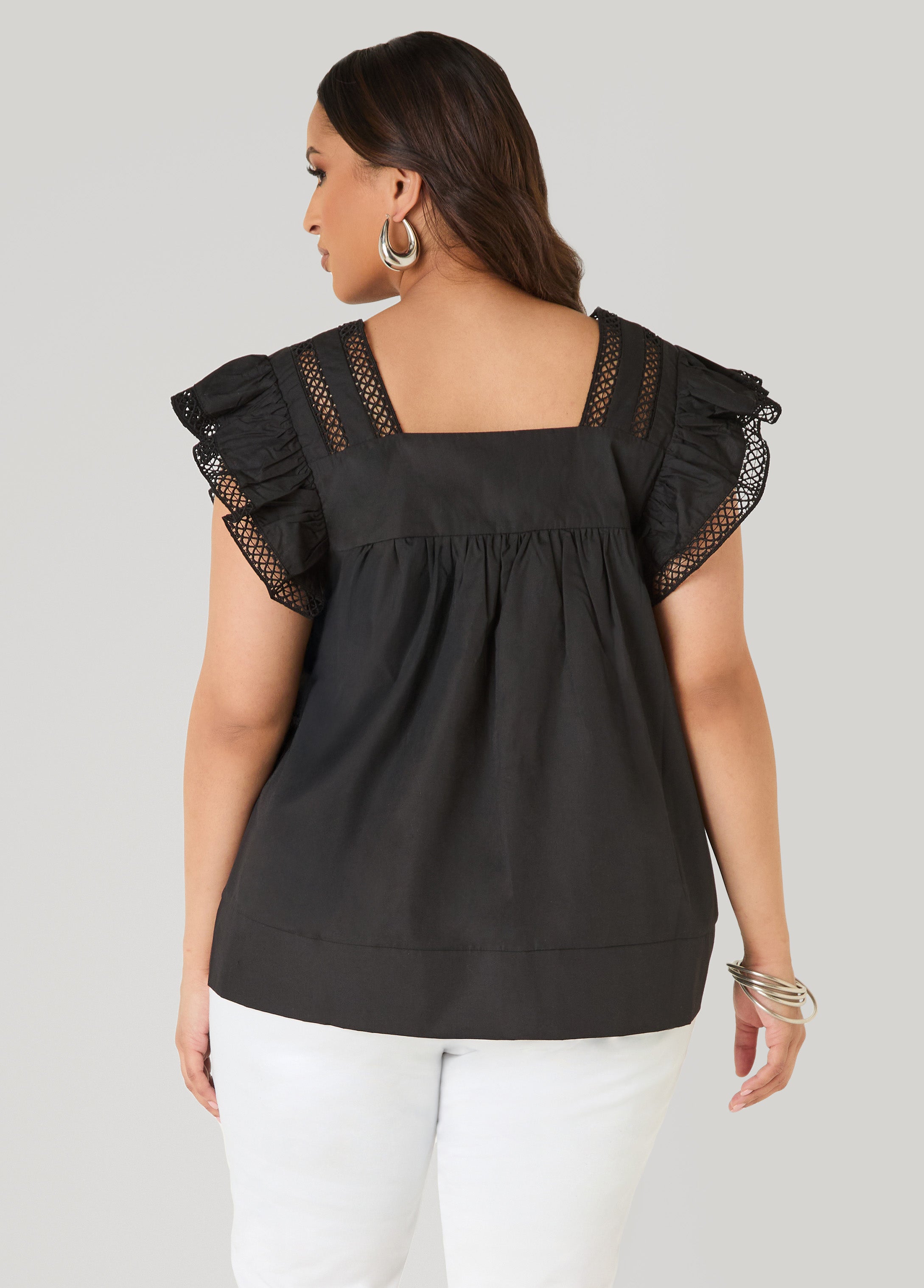 Lattice Trimmed Poplin Shirt Red | Ashley Stewart