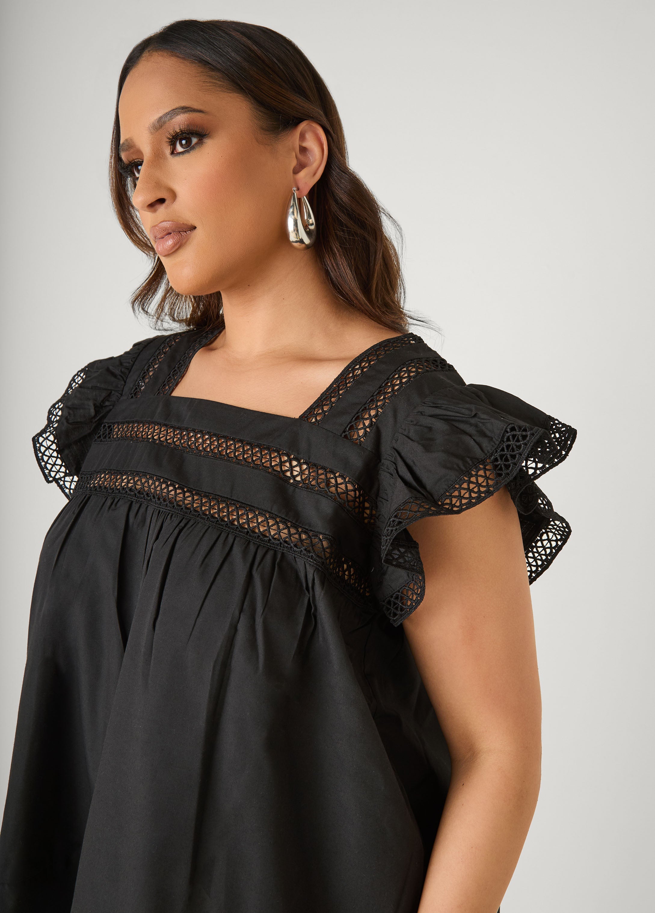 Lattice Trimmed Poplin Shirt Red | Ashley Stewart