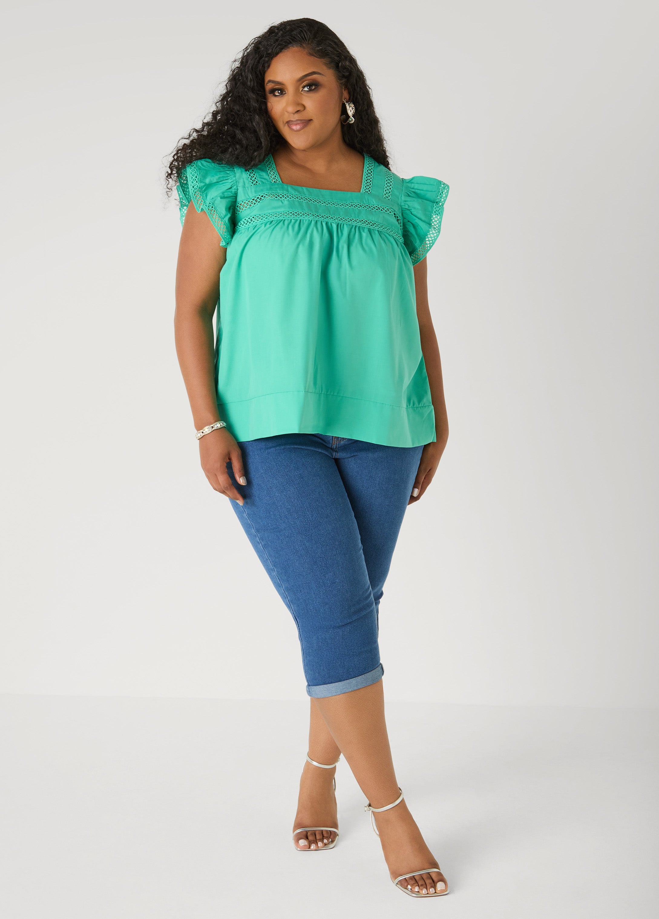 Lattice Trimmed Poplin Shirt Red | Ashley Stewart