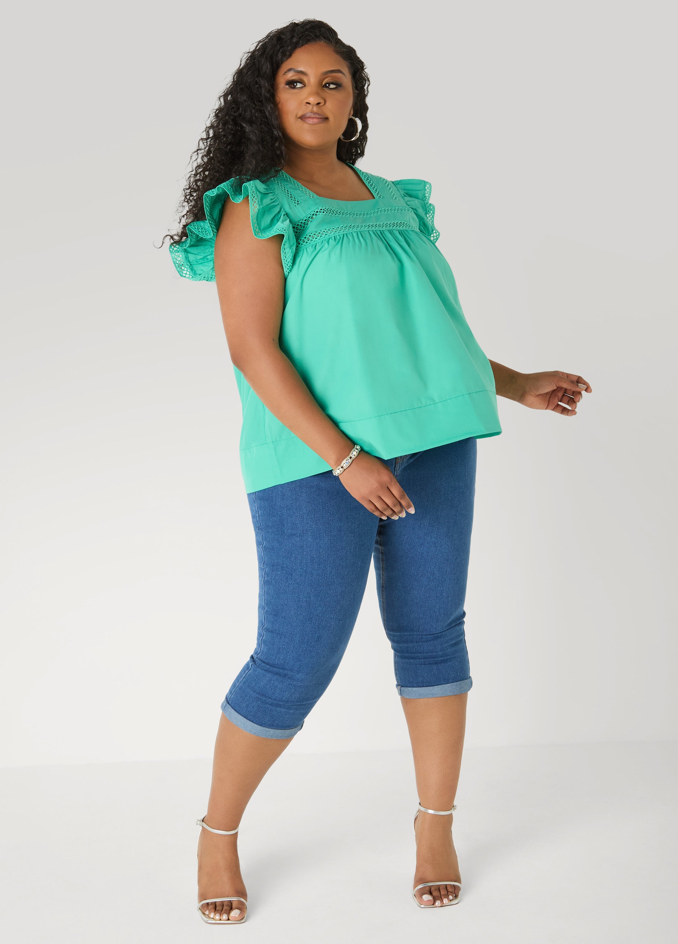 Lattice Trimmed Poplin Shirt Red | Ashley Stewart