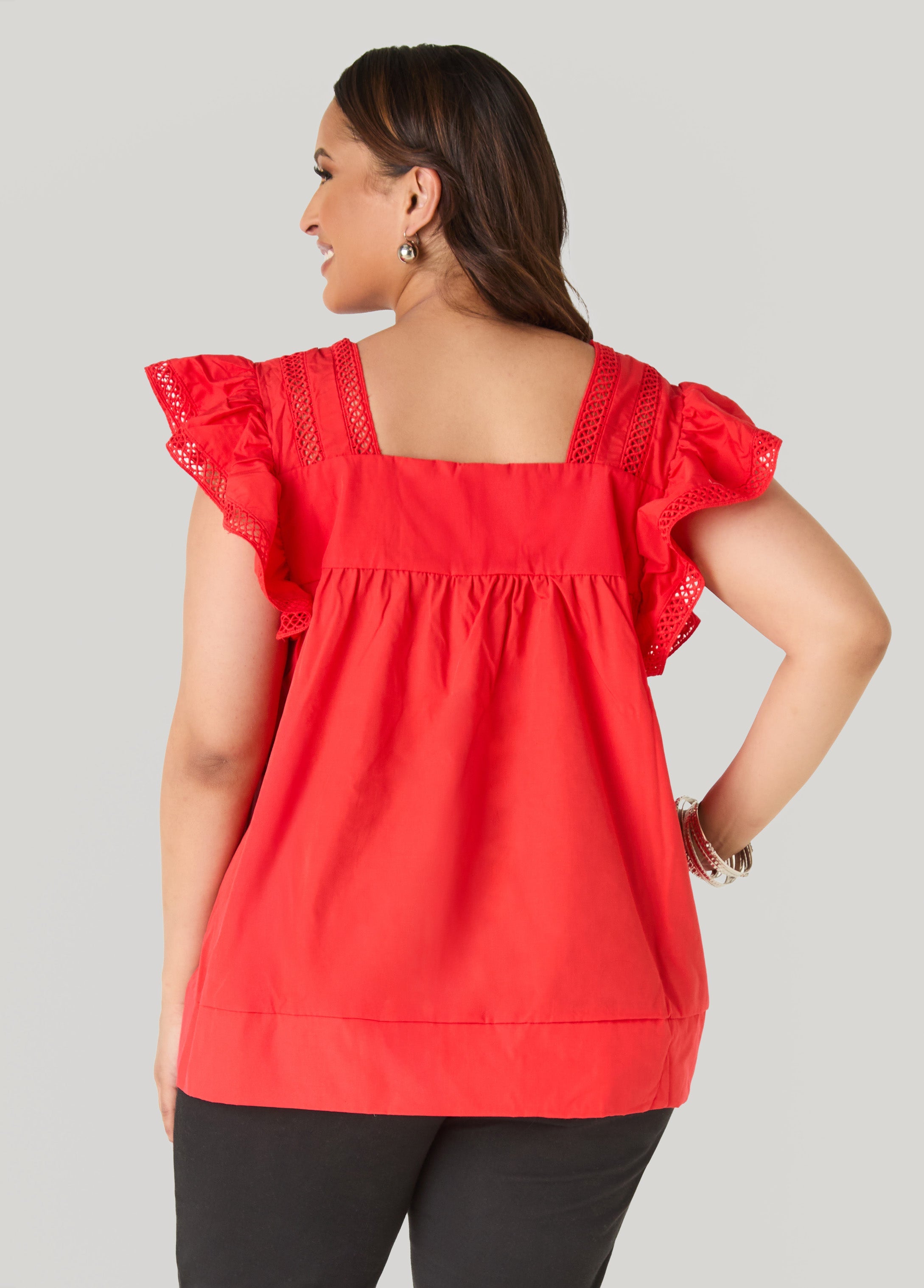 Lattice Trimmed Poplin Shirt Red | Ashley Stewart