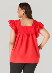 Lattice Trimmed Poplin Shirt Red | Ashley Stewart